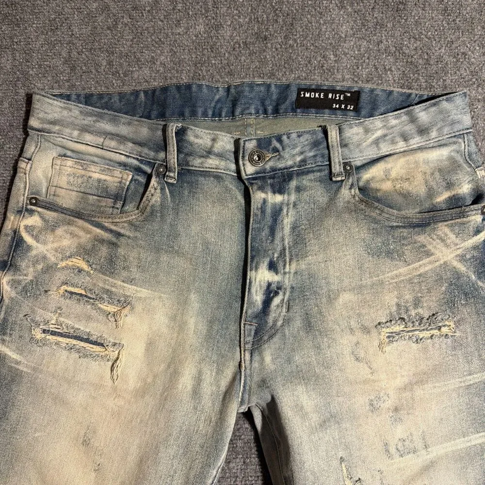 Smoke Rise Distressed Denim Jeans Mens 34x32 Blue Light Wash Straight Stretch